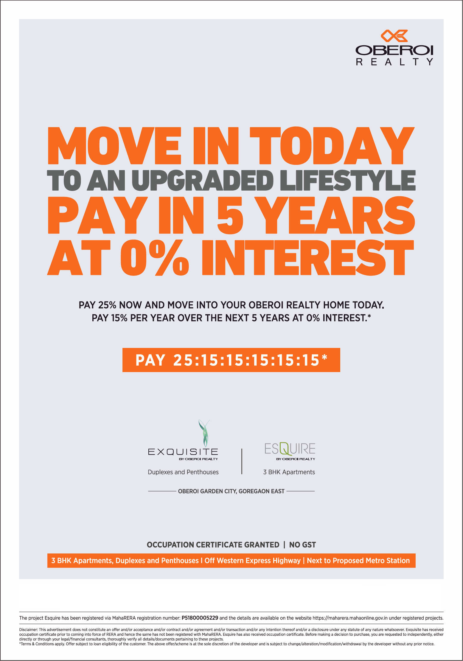Pay in 5 years at 0% interest at Oberoi Realty Project's in Mumbai Update
